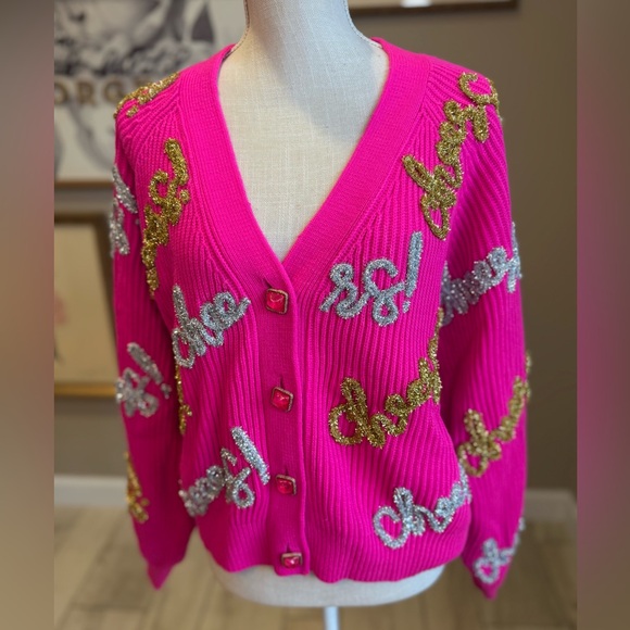 New! QUEEN OF SPARKLES Pink Sparkly Cheers Cardigan - Picture 1 of 10